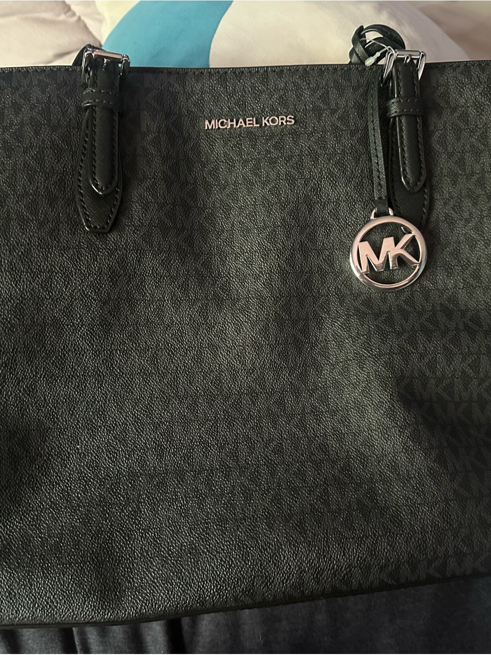 Michael Kors Black Signature Logo Tote with MK Charm